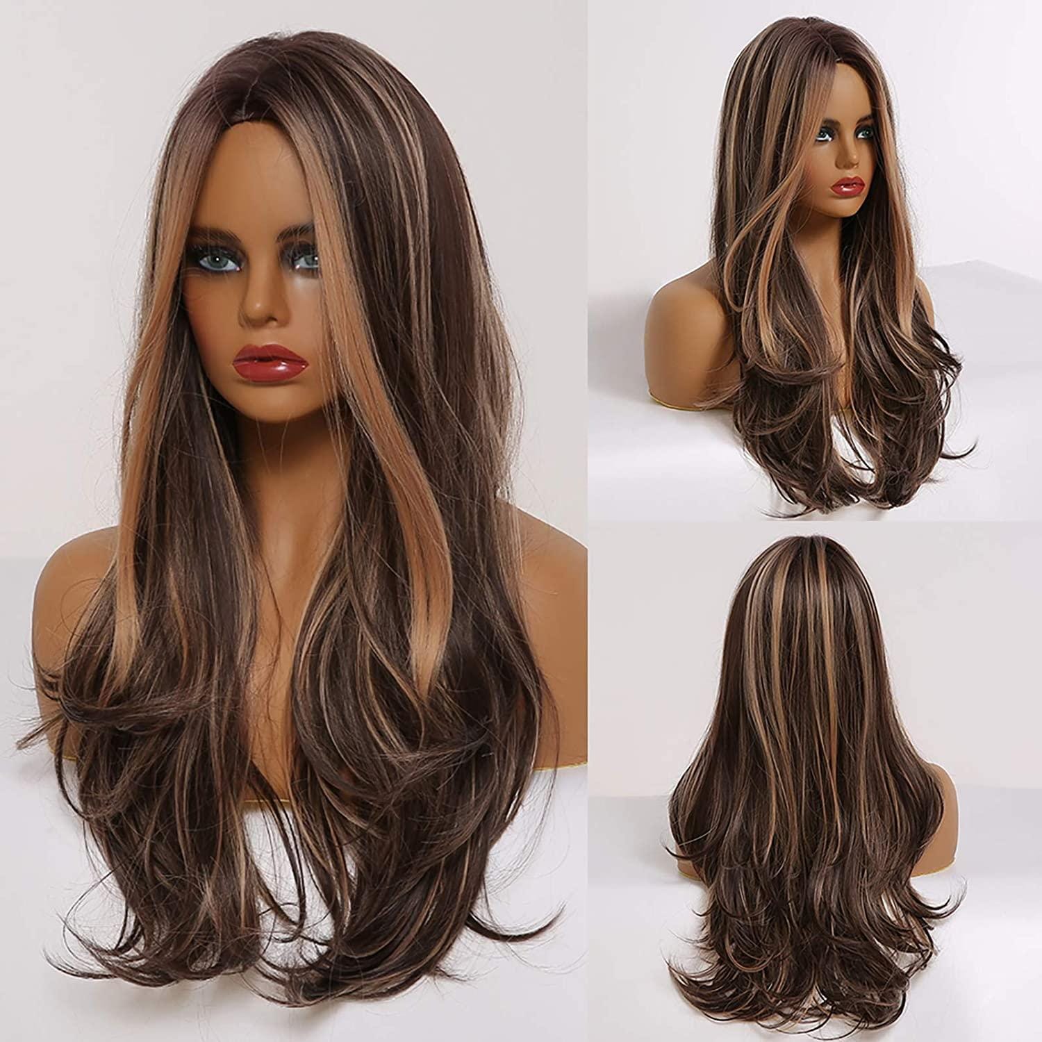 HAIRCUBE mix brown synthetic wig with long layered hair and natural highlights on mannequin