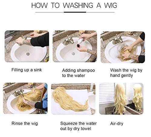 Step-by-step guide to washing a mix brown synthetic wig featuring sink filling shampooing hand wash rinse towel drying and air drying