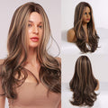 HAIRCUBE mix brown synthetic wig with long layered curls and natural highlights on model and mannequin
