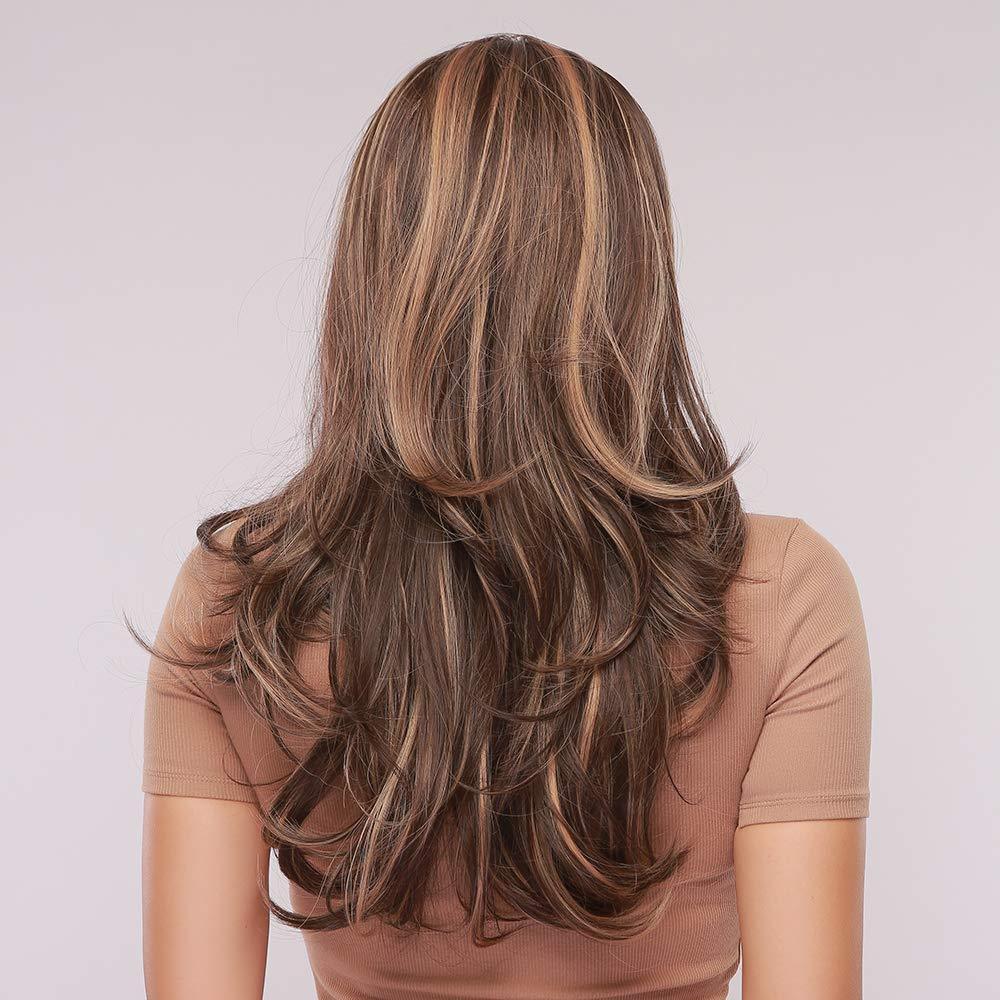 Back view of a mix brown synthetic wig with long layered curls by HAIRCUBE