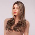 HAIRCUBE mix brown synthetic wig styled on a model with long layered hair