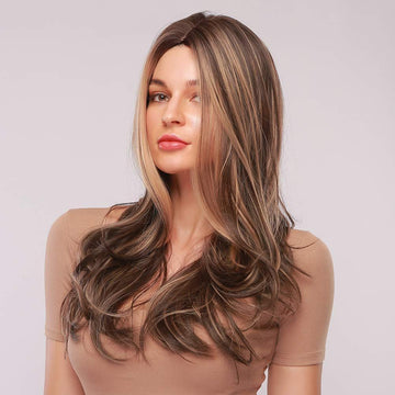 HAIRCUBE mix brown synthetic wig styled on a model with long layered hair