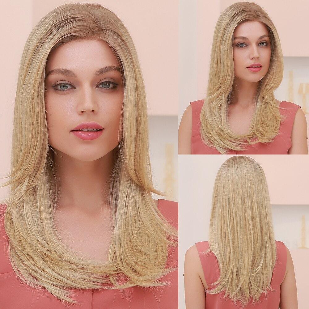 HAIRCUBE blonde full lace front remy wig with layered straight hair styled on female model