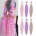 HAIRCUBE peach pink hair extensions styled in long braided wig with additional purple and beige extensions