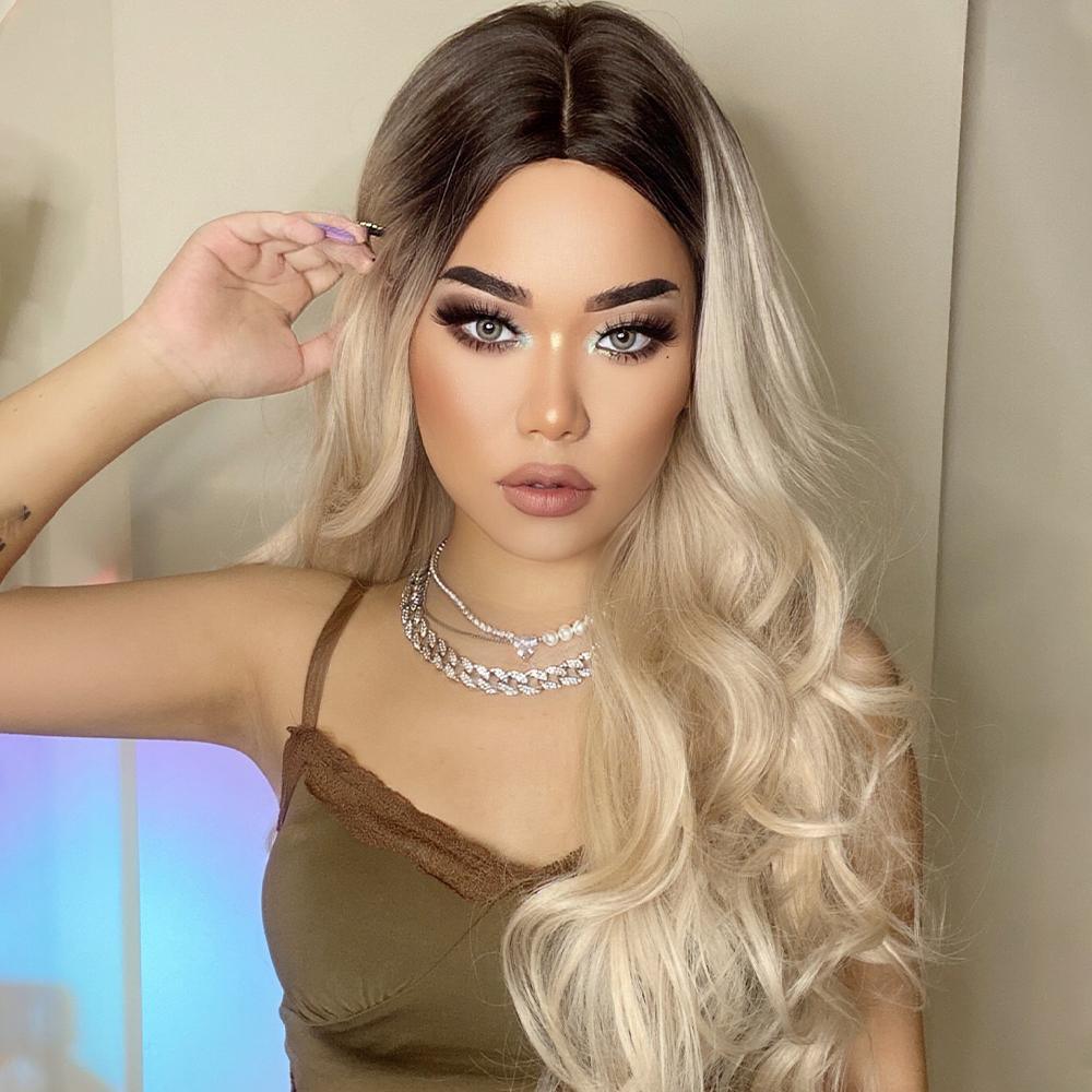 HAIRCUBE 21 inch synthetic wig featuring long wavy ombre hair with dark roots and blonde ends