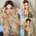 HAIRCUBE 21 inch synthetic wig blonde with dark roots long wavy hair styled on model