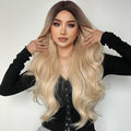 HAIRCUBE 21 inch synthetic wig with long wavy ombre hair styled on a model wearing a black top