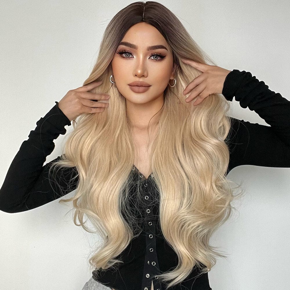 HAIRCUBE 21 inch synthetic wig with long wavy ombre hair styled on a model wearing a black top