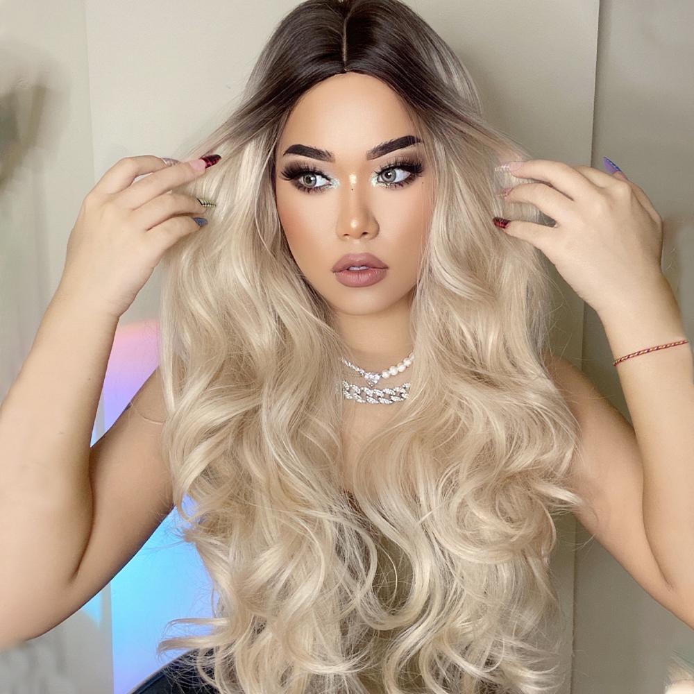 HAIRCUBE 21 inch synthetic wig with dark roots and long blonde wavy hair styled on model