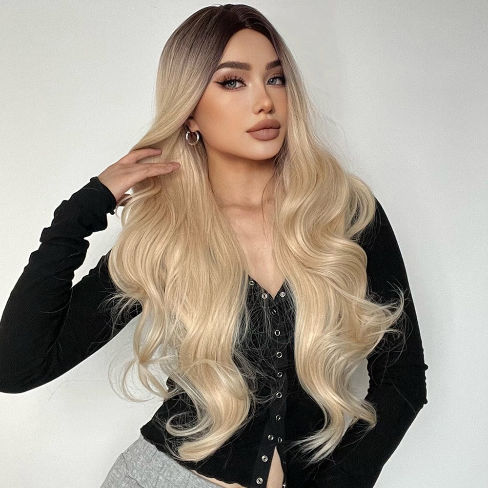 HAIRCUBE 21 inch synthetic wig with long wavy blonde hair styled on woman with black top
