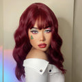 HAIRCUBE red wine spiral wave wig with soft waves and bangs styled on model
