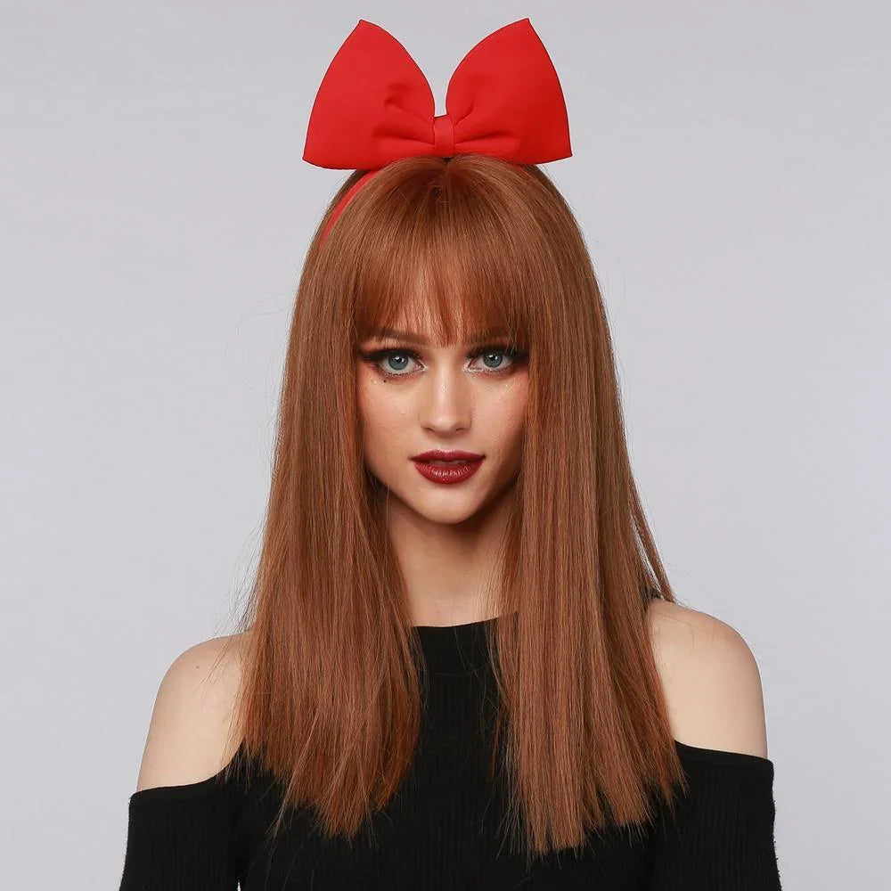 HAIRCUBE reddish brown synthetic wig with straight long hair and bangs worn with red bow headband