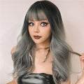 HAIRCUBE silver synthetic wig with bangs featuring long wavy ombre strands and dark roots