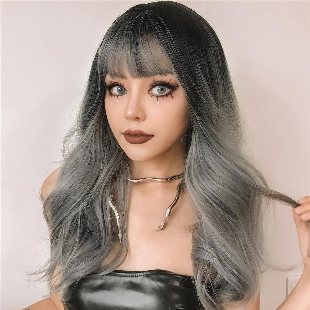 HAIRCUBE silver synthetic wig with bangs featuring long wavy ombre strands and dark roots