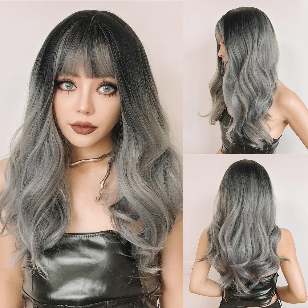HAIRCUBE silver synthetic wig with bangs featuring long wavy hair and black to silver ombre color