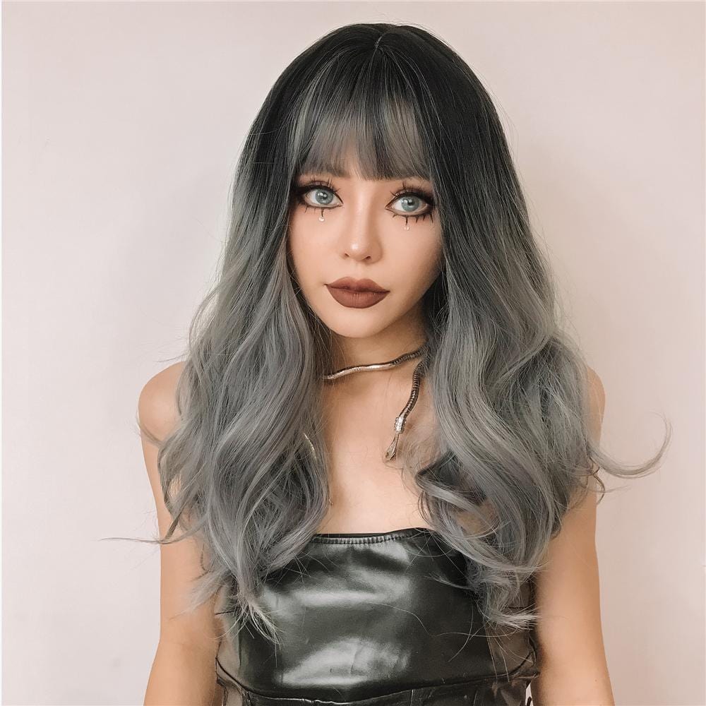 HAIRCUBE silver synthetic wig with bangs featuring long wavy hair and dark roots for stylish looks