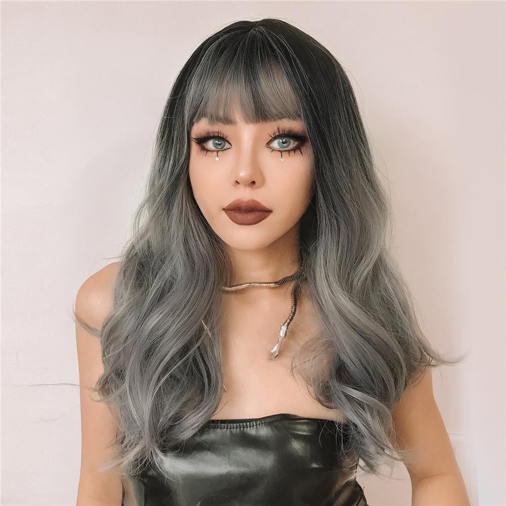 HAIRCUBE silver synthetic wig with bangs featuring long wavy hairstyle and dark roots