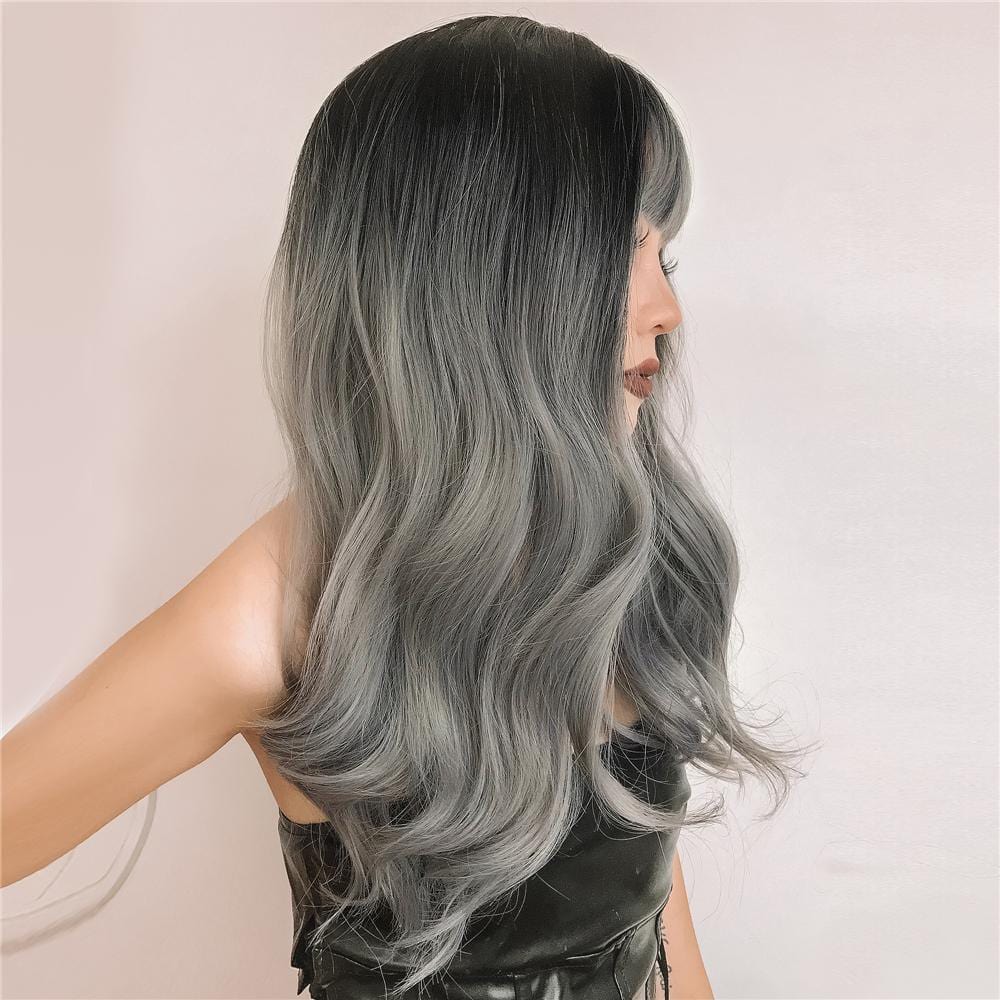 HAIRCUBE silver synthetic wig with bangs featuring long wavy hair and dark roots