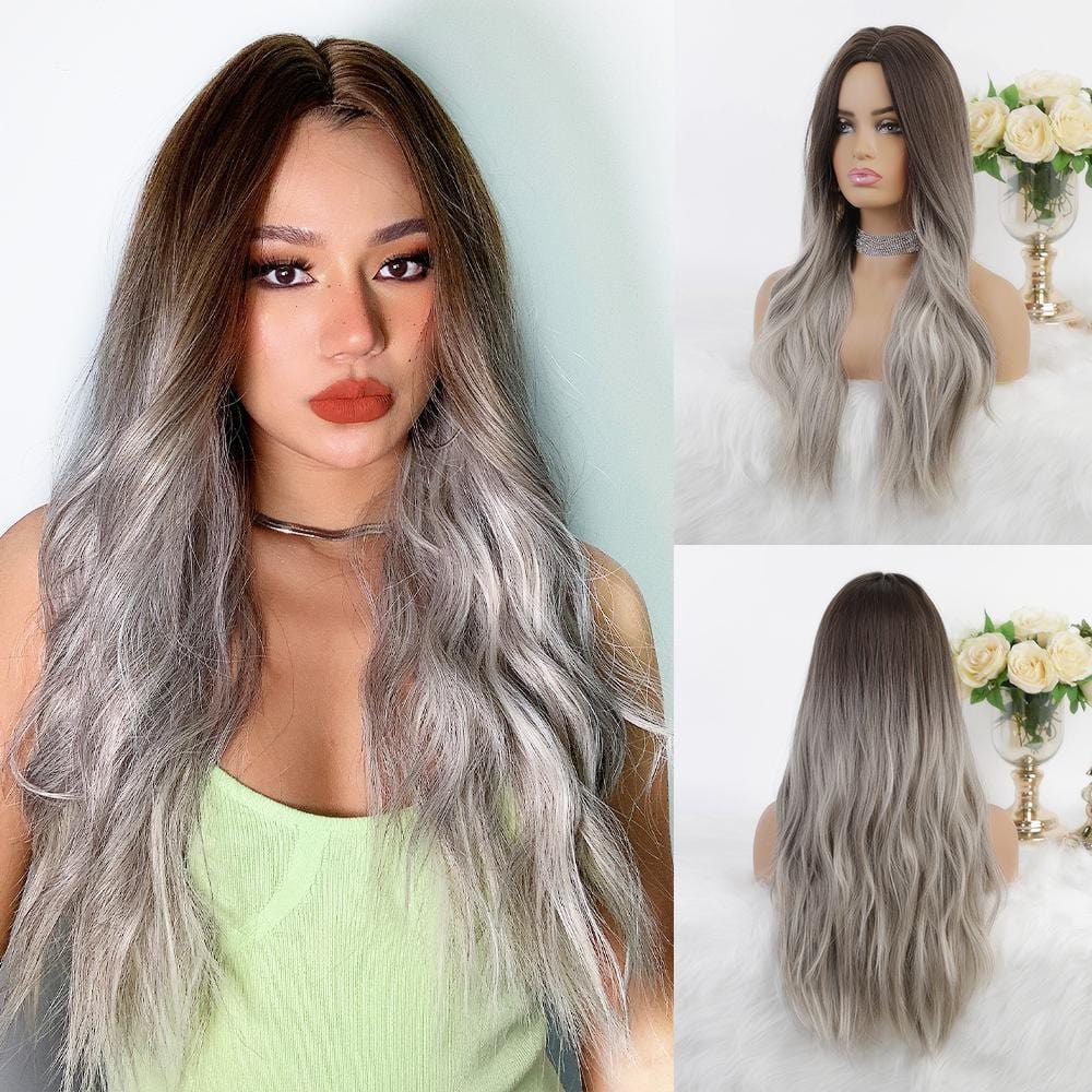 HAIRCUBE smokey grey synthetic wig with long wavy hair shown on model and mannequin views