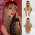 HAIRCUBE straight synthetic wig with bangs in long blonde style shown on mannequin and worn