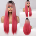 HAIRCUBE straight synthetic wig with bangs in pink ombre long sleek style on mannequin