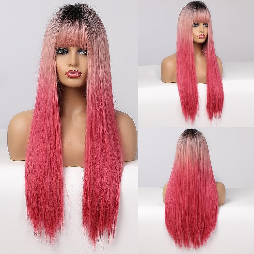 HAIRCUBE straight synthetic wig with bangs in pink ombre long sleek style on mannequin