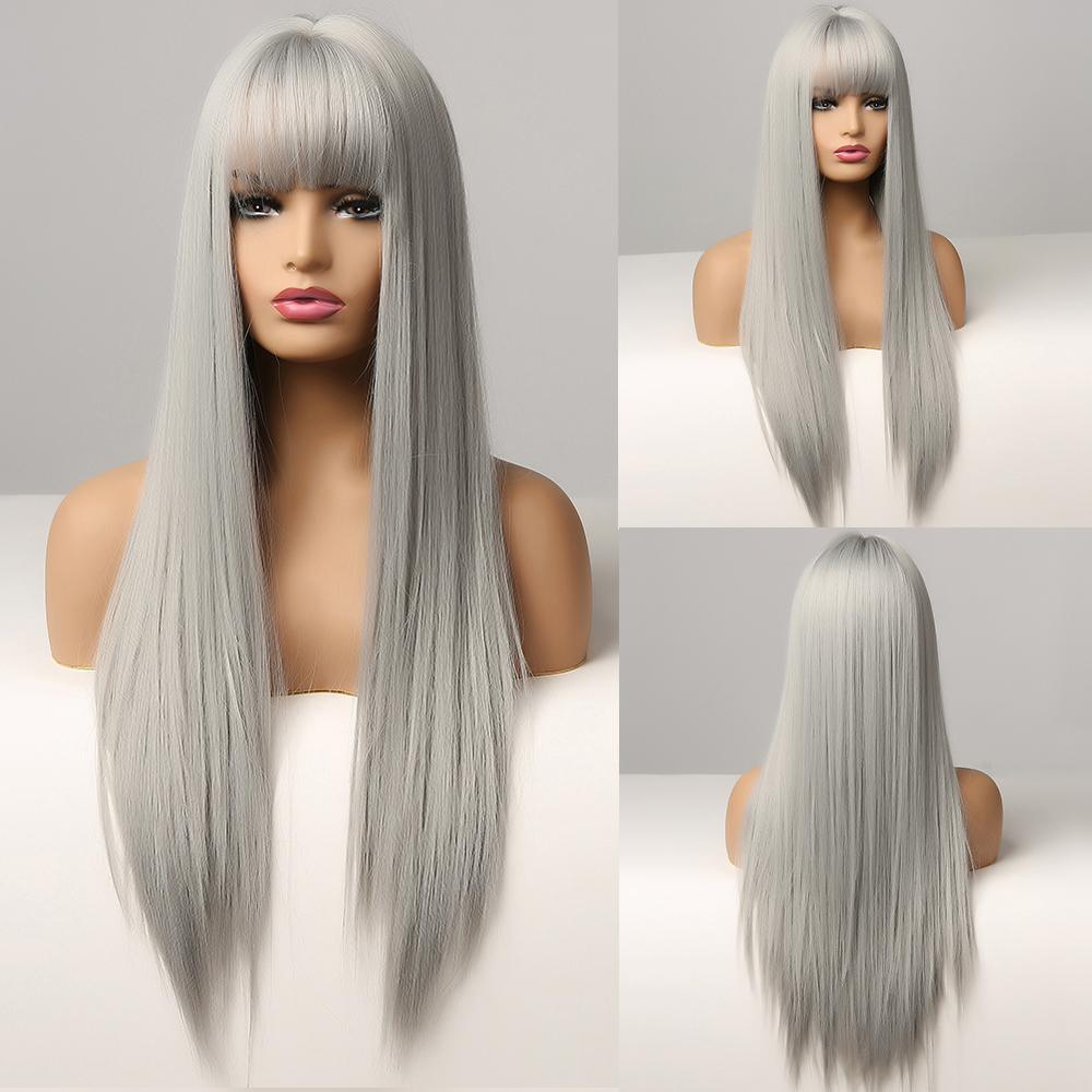HAIRCUBE straight synthetic wig with bangs in long silver gray style shown from front and back