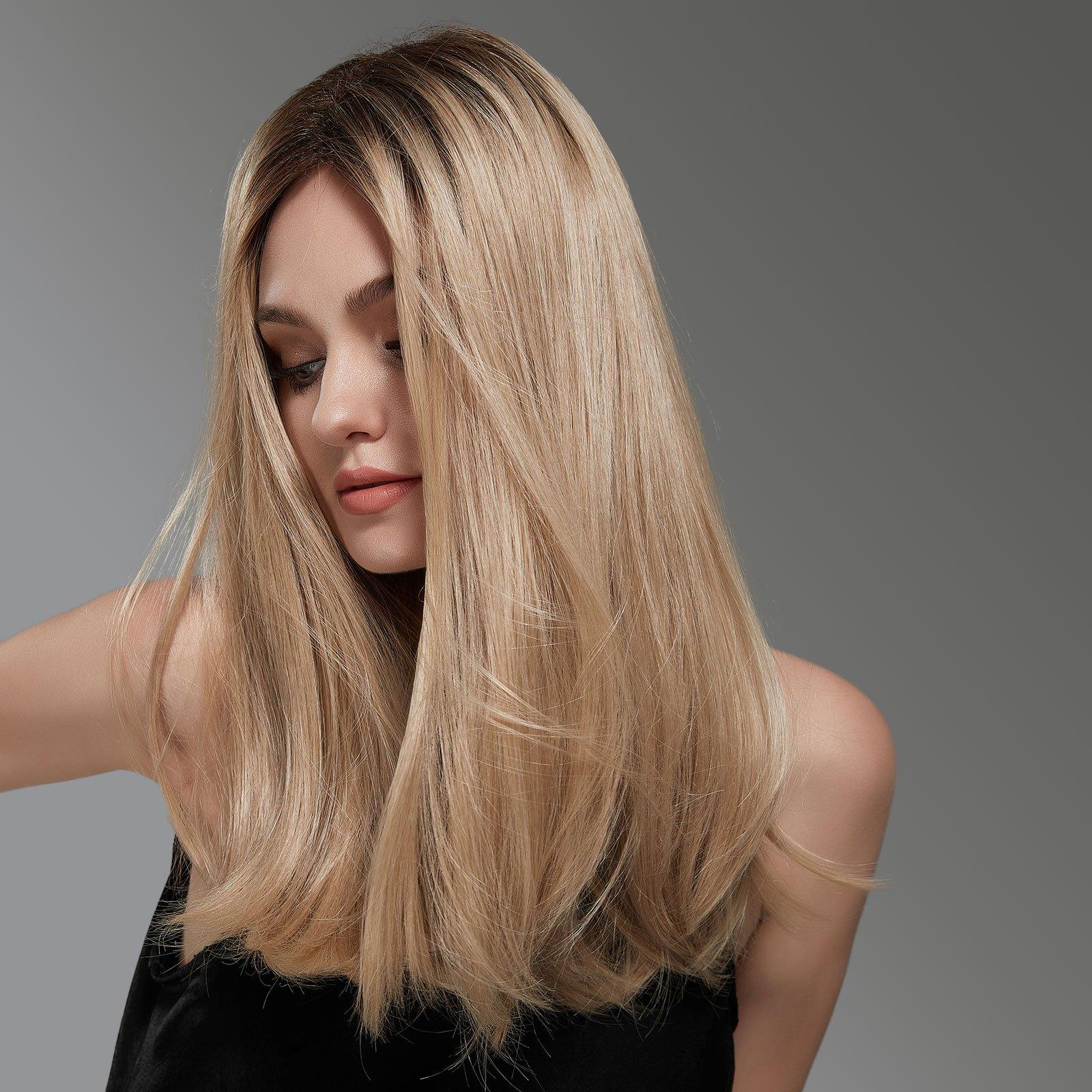 HAIRCUBE synthetic blonde wig for women with long straight hair and dark roots