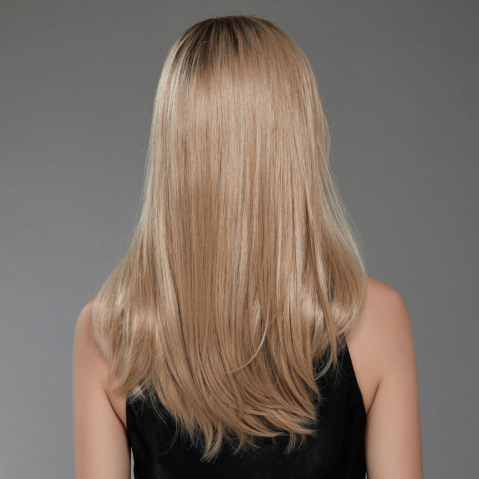 HAIRCUBE synthetic blonde wig for women with long straight hair viewed from the back