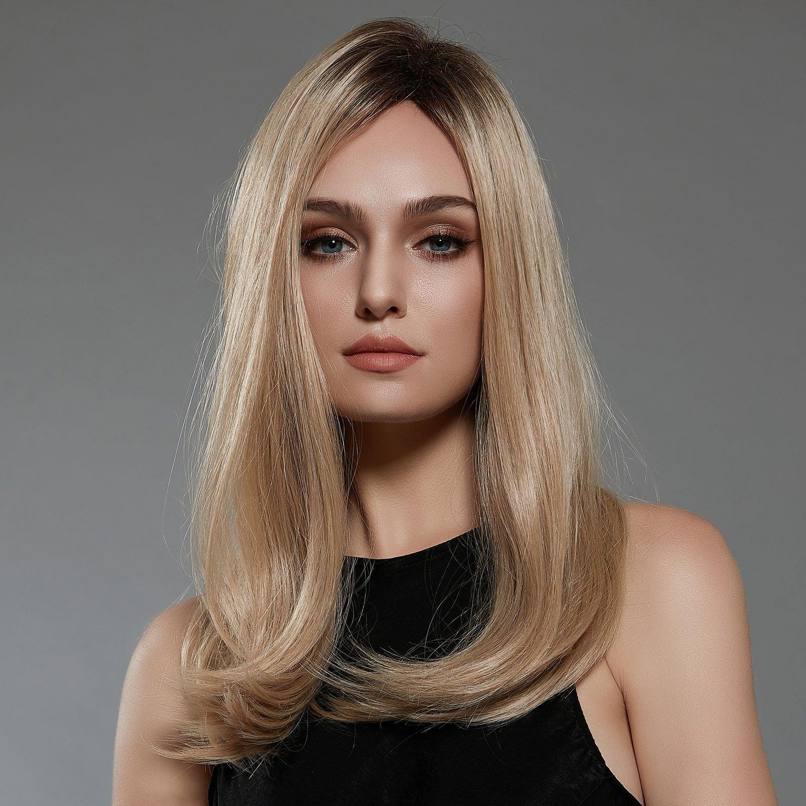 HAIRCUBE synthetic blonde wig for women with long straight hair styled with loose curls