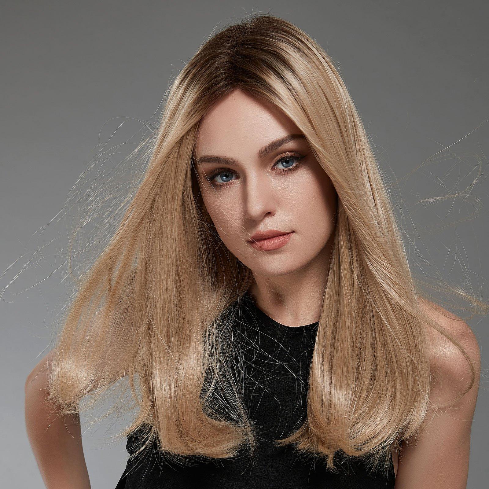 HAIRCUBE synthetic blonde wig for women styled straight with a middle part on a model