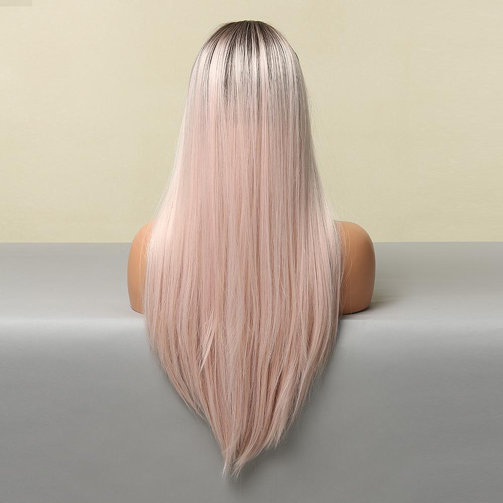 HAIRCUBE vanilla rose gold synthetic wig with long straight smooth hair shown from back