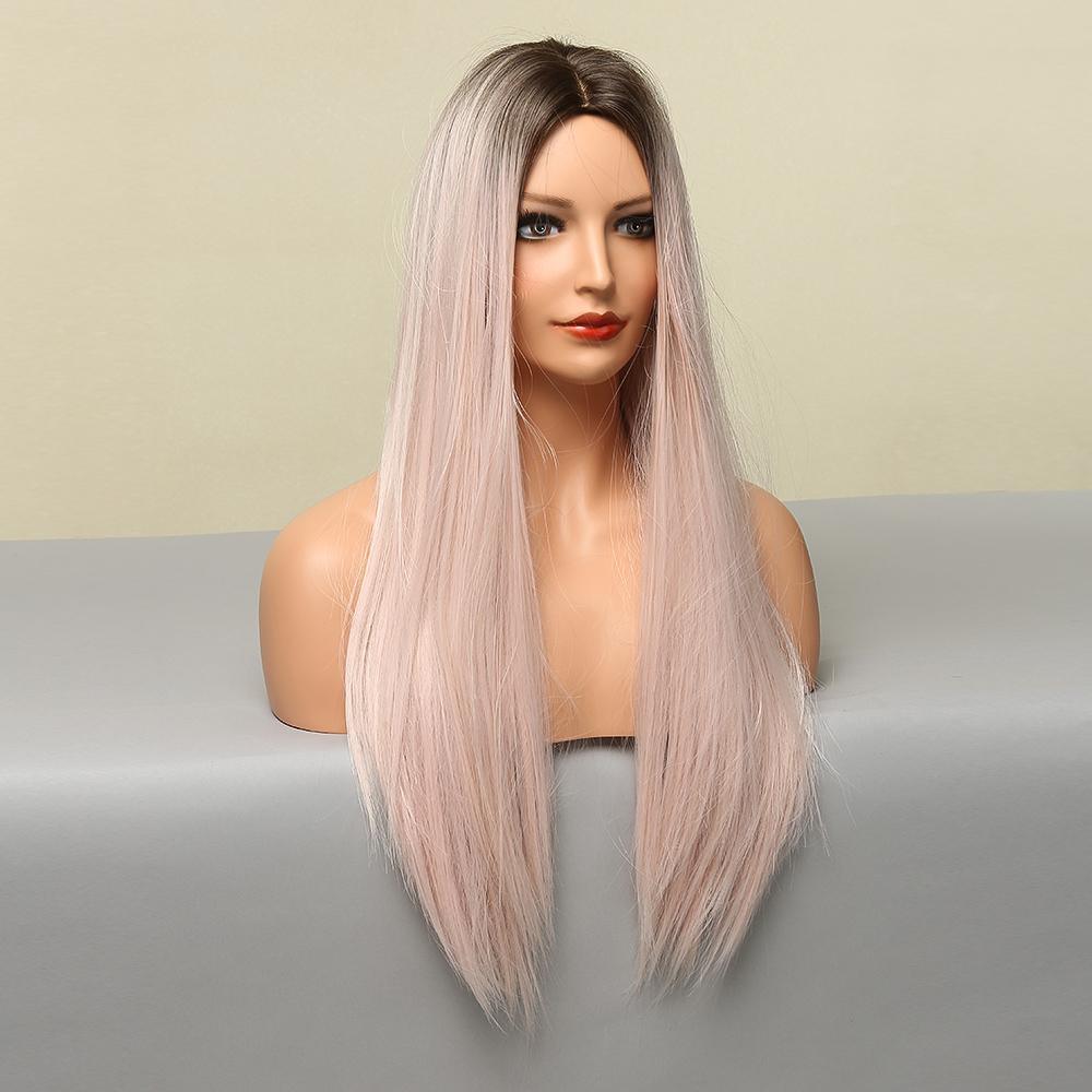 HAIRCUBE vanilla rose gold synthetic wig long straight hairstyle on mannequin head