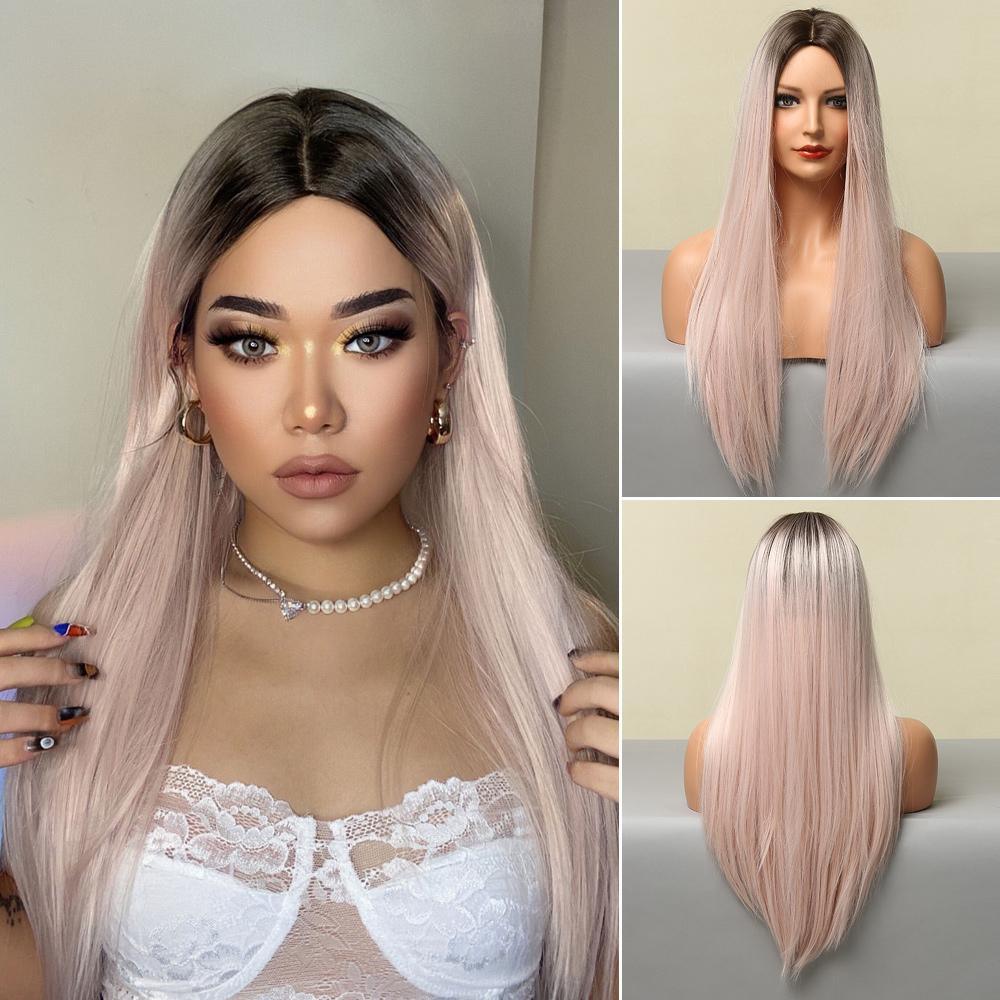 HAIRCUBE vanilla rose gold synthetic wig worn by a model with long straight hair and dark roots