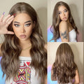 HAIRCUBE 20 inch beach wave wig in brown shown from front, side, and back on model