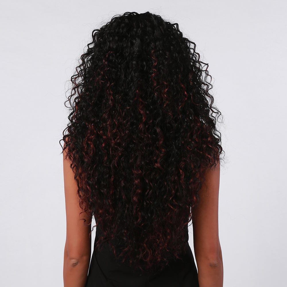 HAIRCUBE 20 inch kinky curly lace wig with deep black and burgundy curls on model