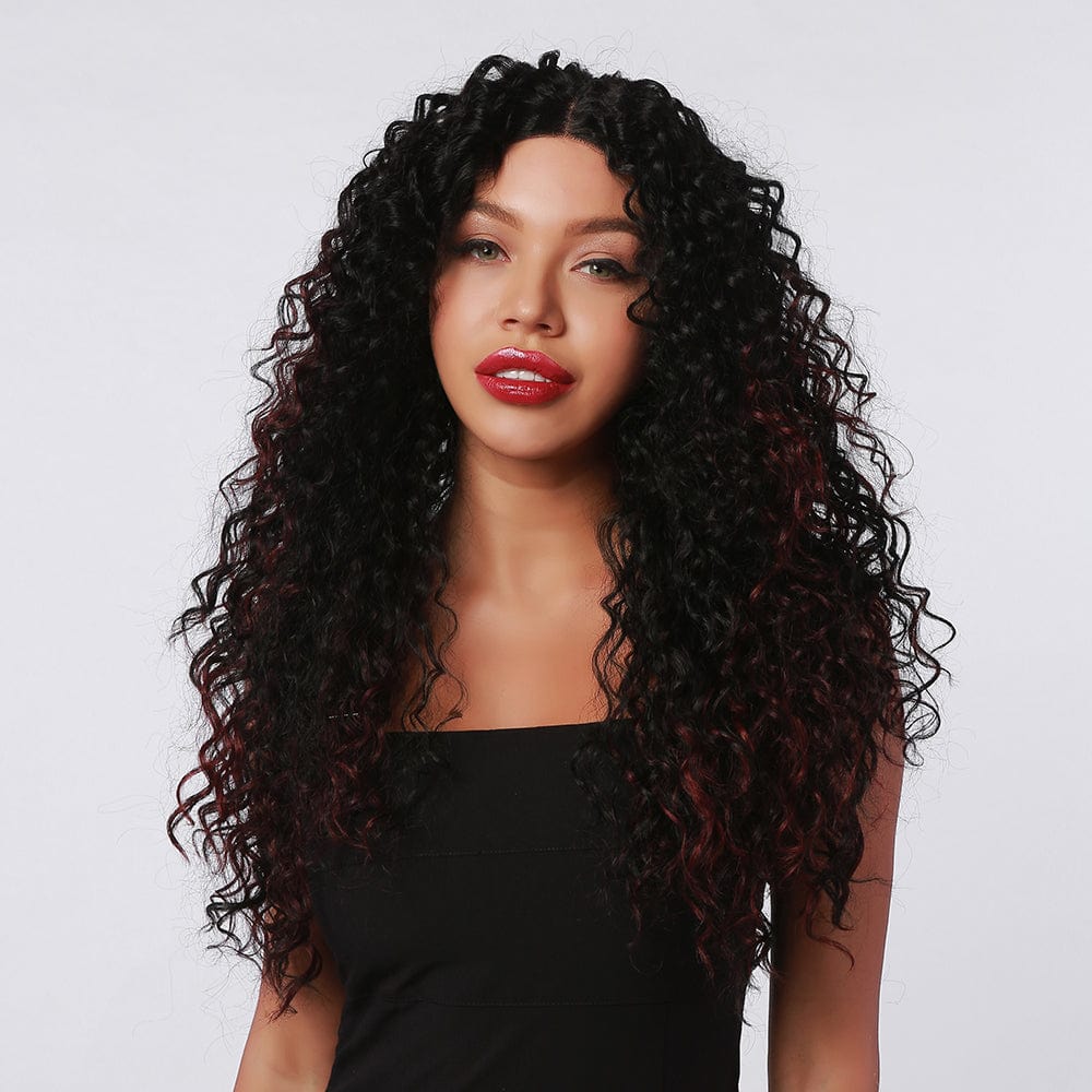 HAIRCUBE 20 inch kinky curly lace wig with deep black and burgundy curls on model