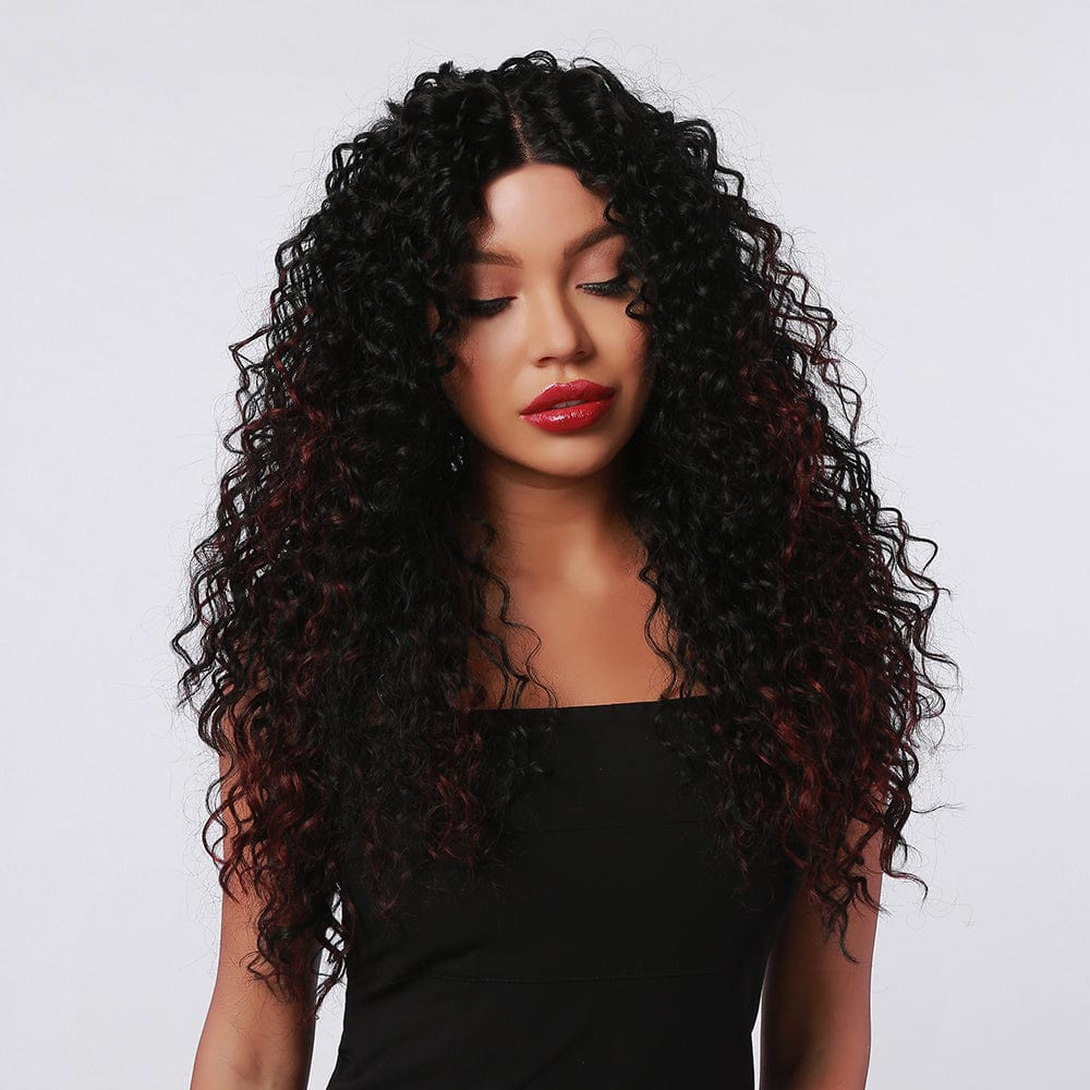 HAIRCUBE 20 inch kinky curly lace wig with long voluminous black curls and subtle red highlights