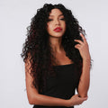 HAIRCUBE 20 inch kinky curly lace wig worn by woman with dark hair and red lipstick