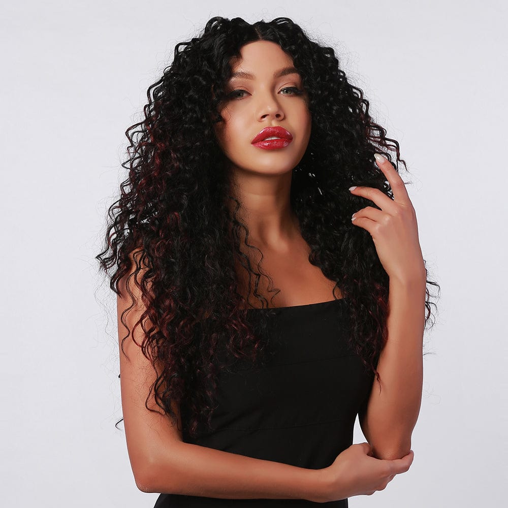 HAIRCUBE 20 inch kinky curly lace wig worn by woman with dark hair and red lipstick