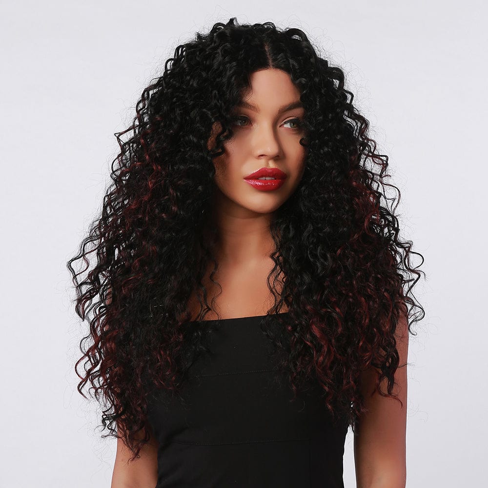 HAIRCUBE 20 inch kinky curly lace wig with dark brown to burgundy ombre curls worn by woman