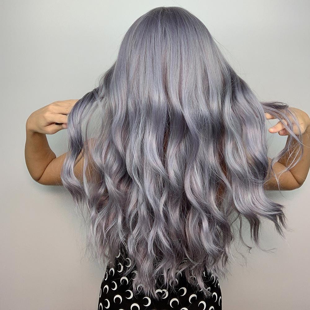 HAIRCUBE 20 inch ombre curly wig with long silver and lavender curls shown from the back