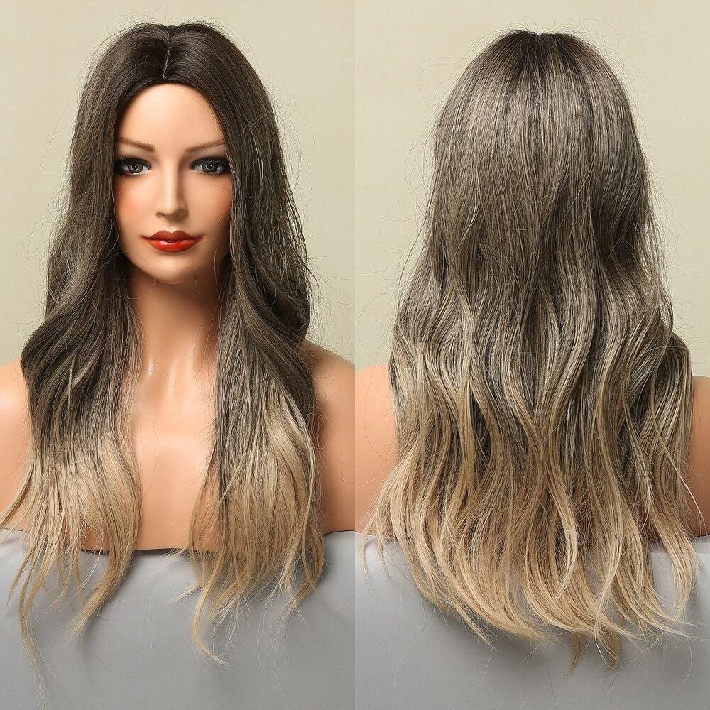 HAIRCUBE 20 inch ombre curly wig with dark roots fading to blonde curls shown front and back
