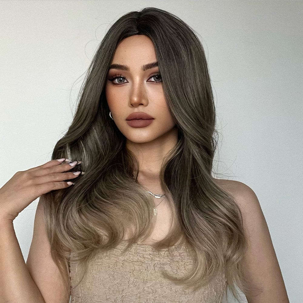 HAIRCUBE 20 inch ombre curly wig with dark roots blending into light brown curls on a female model