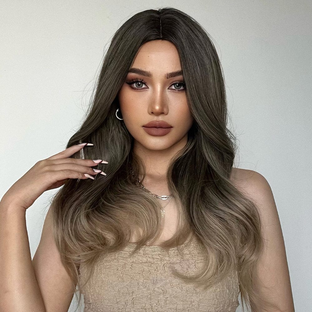 HAIRCUBE 20 inch ombre curly wig worn by woman with natural makeup and hoop earrings