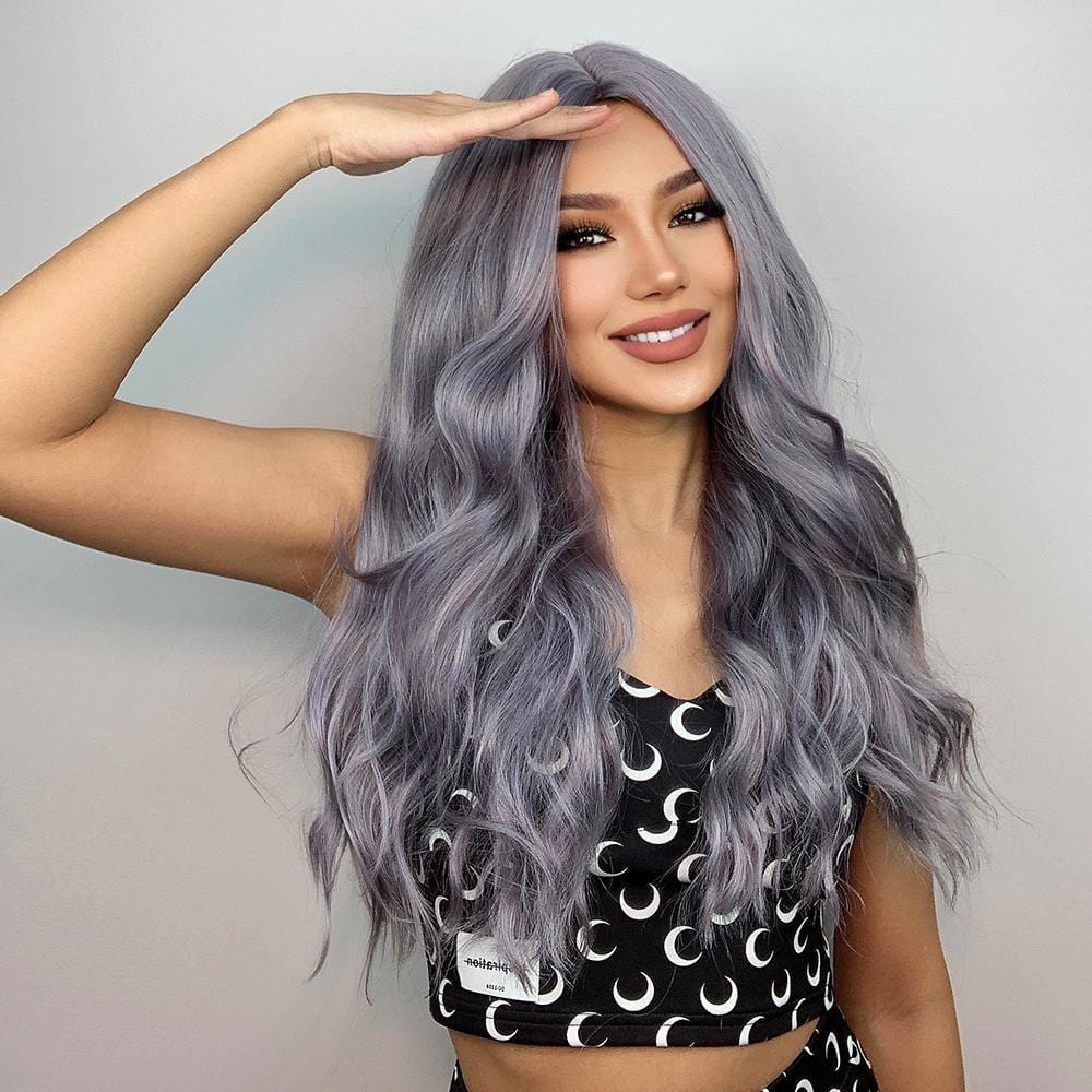 HAIRCUBE 20 inch ombre curly wig styled on a woman with long wavy silver hair and a crescent moon top