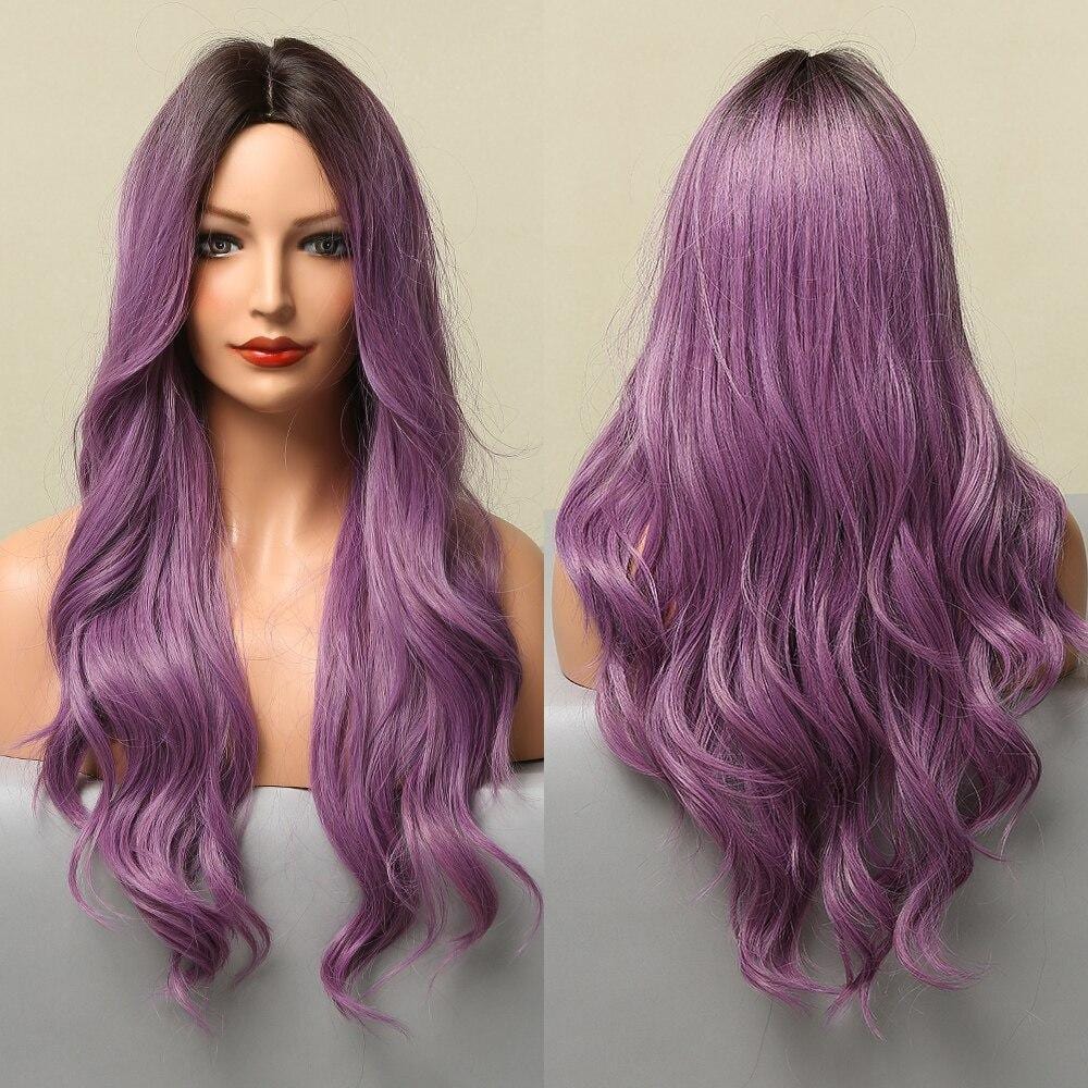 HAIRCUBE 20 inch ombre curly wig in purple with dark roots shown from front and back