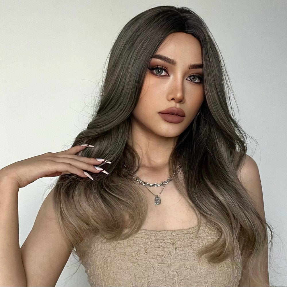 HAIRCUBE 20 inch ombre curly wig with dark roots fading to lighter ends on model
