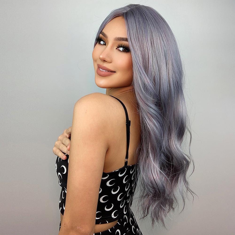 HAIRCUBE 20 inch ombre curly wig in silver gray modeled by a woman with makeup and black patterned dress