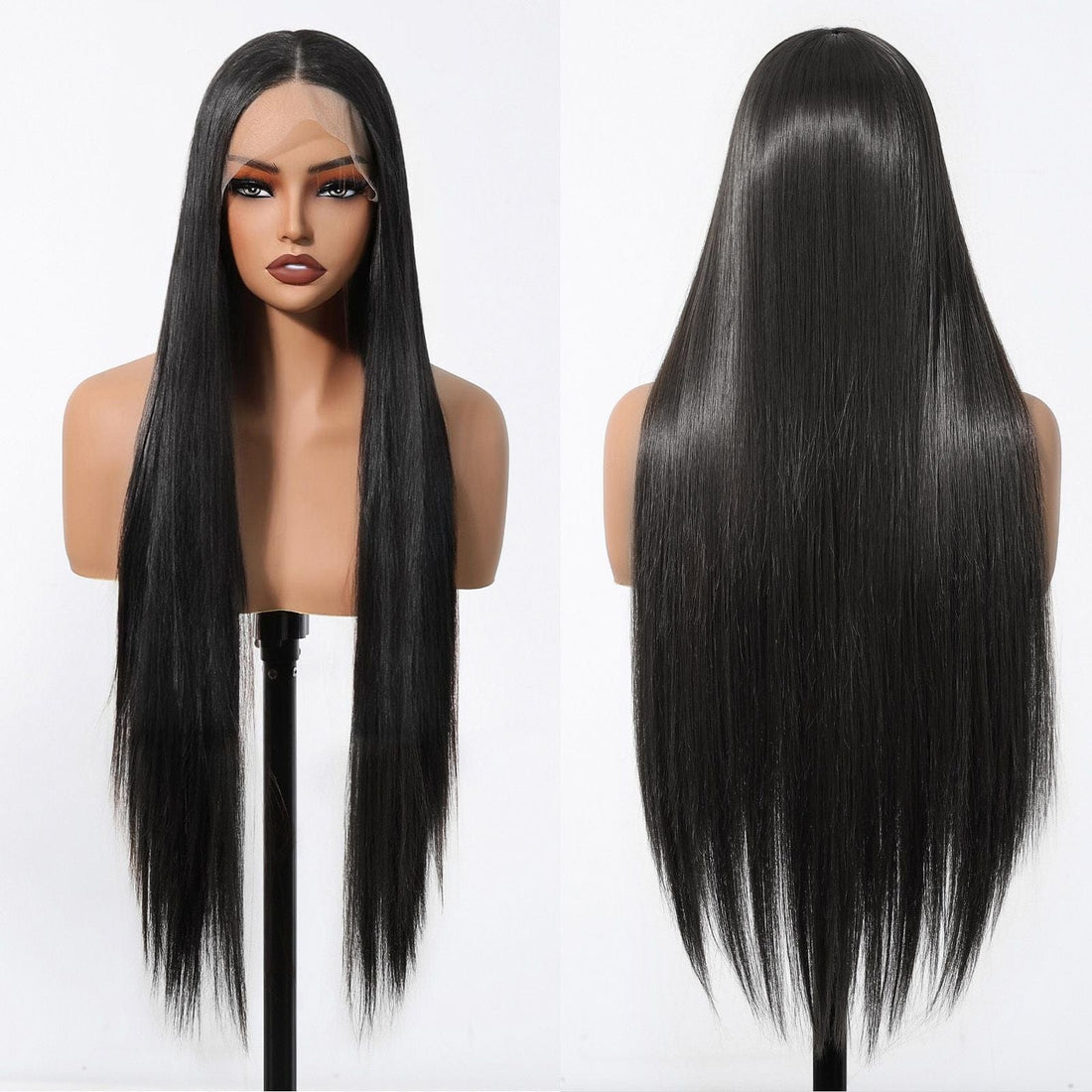 HAIRCUBE 23 inch free part synthetic wig in long straight black hair style displayed on mannequin and model